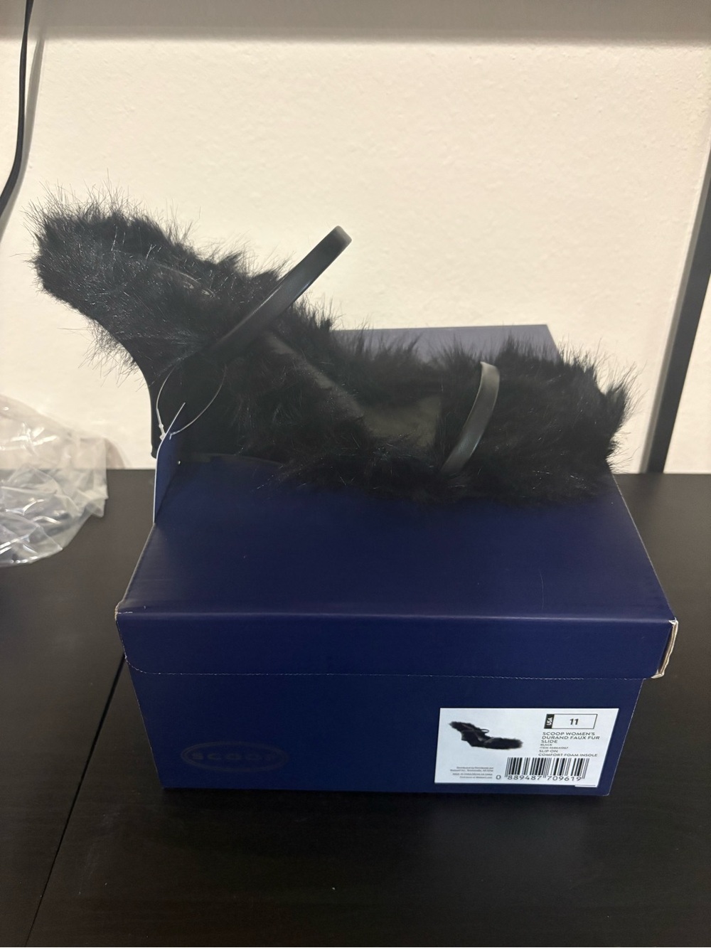 Scoop Black Faux Fur Slip-On Mule with Thin Strap